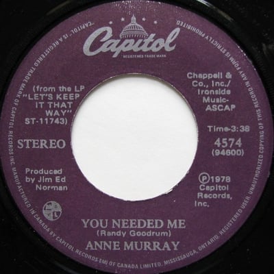 Anne Murray - You Needed Me (Capitol Records, 4574) · 7" · Winchester Pressing