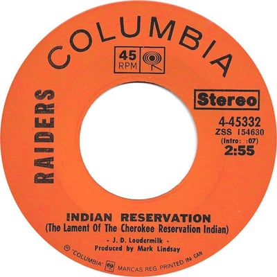 Raiders - Indian Reservation / Terry's Tune (Columbia, 4-45332) · 7" · Santa Maria Pressing · Repress