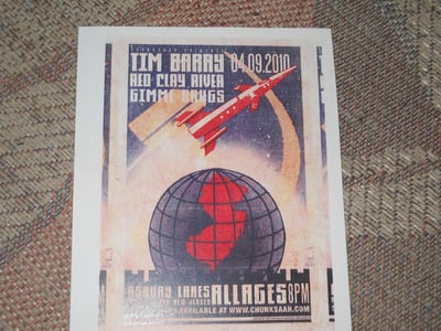 Tim Barry w/ Red Clay River and Gimmie Drugs @ Asbury Lanes, Asbury Park, NJ April 9, 2010 postcard flyer