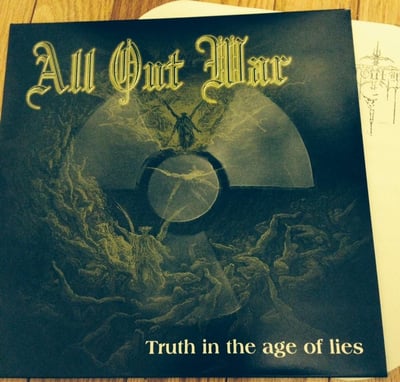 12" - All Out War - Truth In The Age Of Lies - 2014 - 11 - Organized Crime Records - White - Limited Edition #/50 (Radiation Symbol stencil cover that glows in the dark, A389 Fest '14 Press)