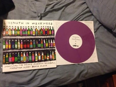 Spraynard/The Weaks/Modern Baseball/Marietta/Hurry/Beach Slang "Strength in Weakness" 6 way split 12" 1st Press. Grimace Purple/250