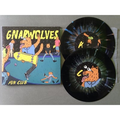 Gnarwolves - Fun Club - 2nd Press - A/B Black w/Blue & Orange Splatter C/D Black w/Green & Yellow Splatter 2x7" - /400 - Dog Knights Productions