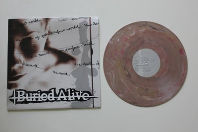 Buried Alive - The Death Of Your Perfect World LP on brown marble