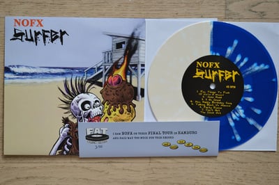NOFX: Surfer (Fat Wreck Chords 2001 / bone/blue split w/ white splatter / 5th press / final tour sleeve from Hamburg) #3/50